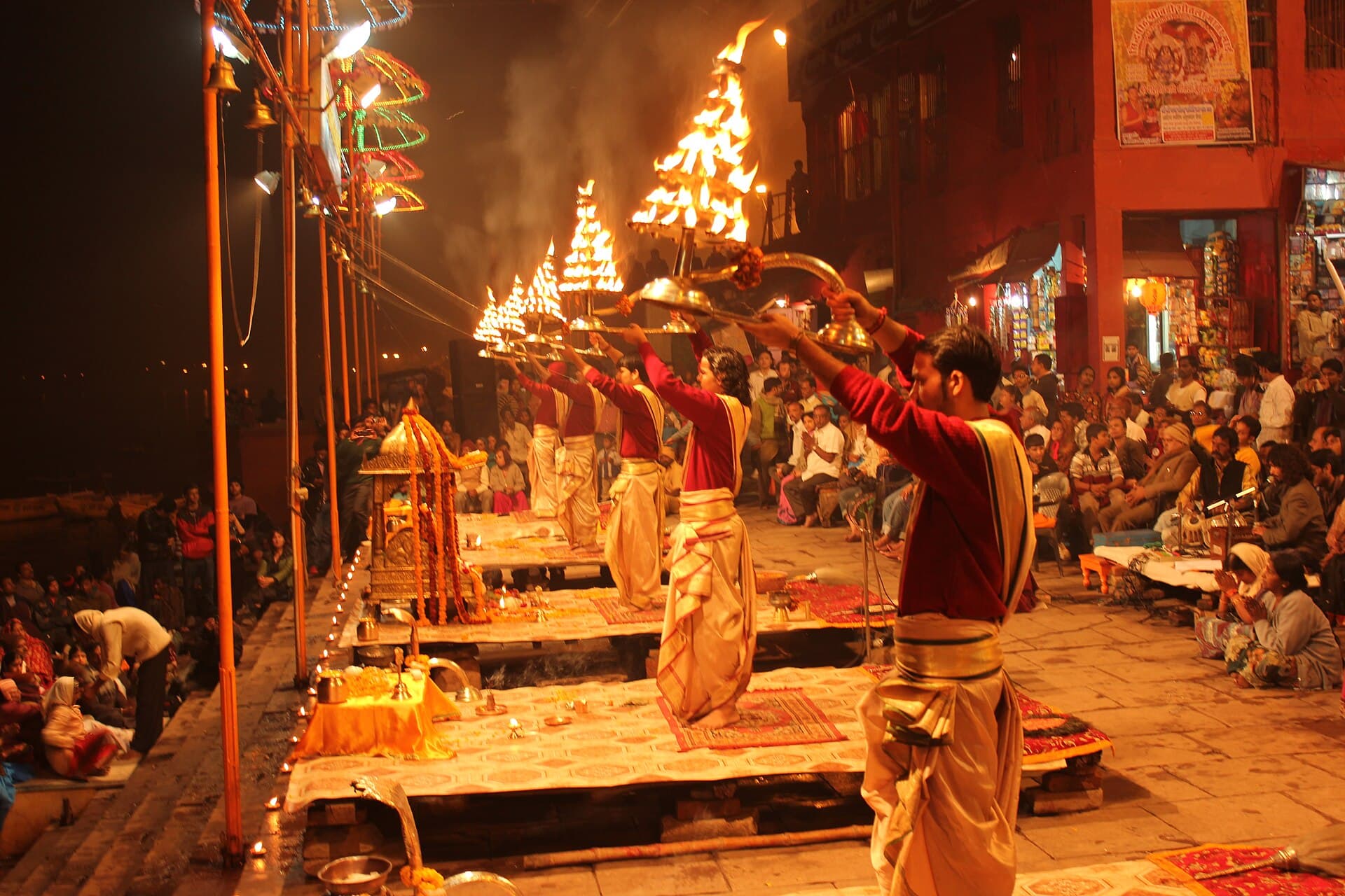 Evening Ganga Aarti at Dashashwamedh Ghat with priests and lamps