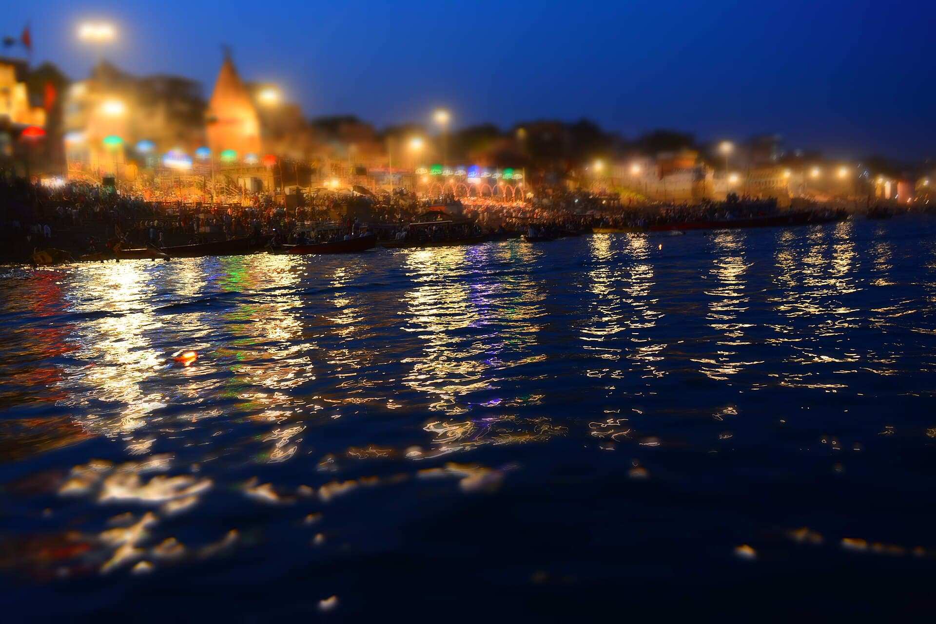 Scenic view of Ganga Aarti at Banaras seen from the river