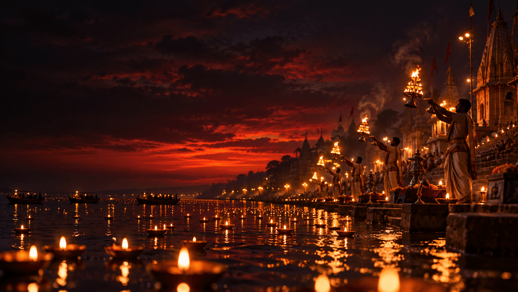 Sacred Ganga Aarti along the river ghats of Kashi