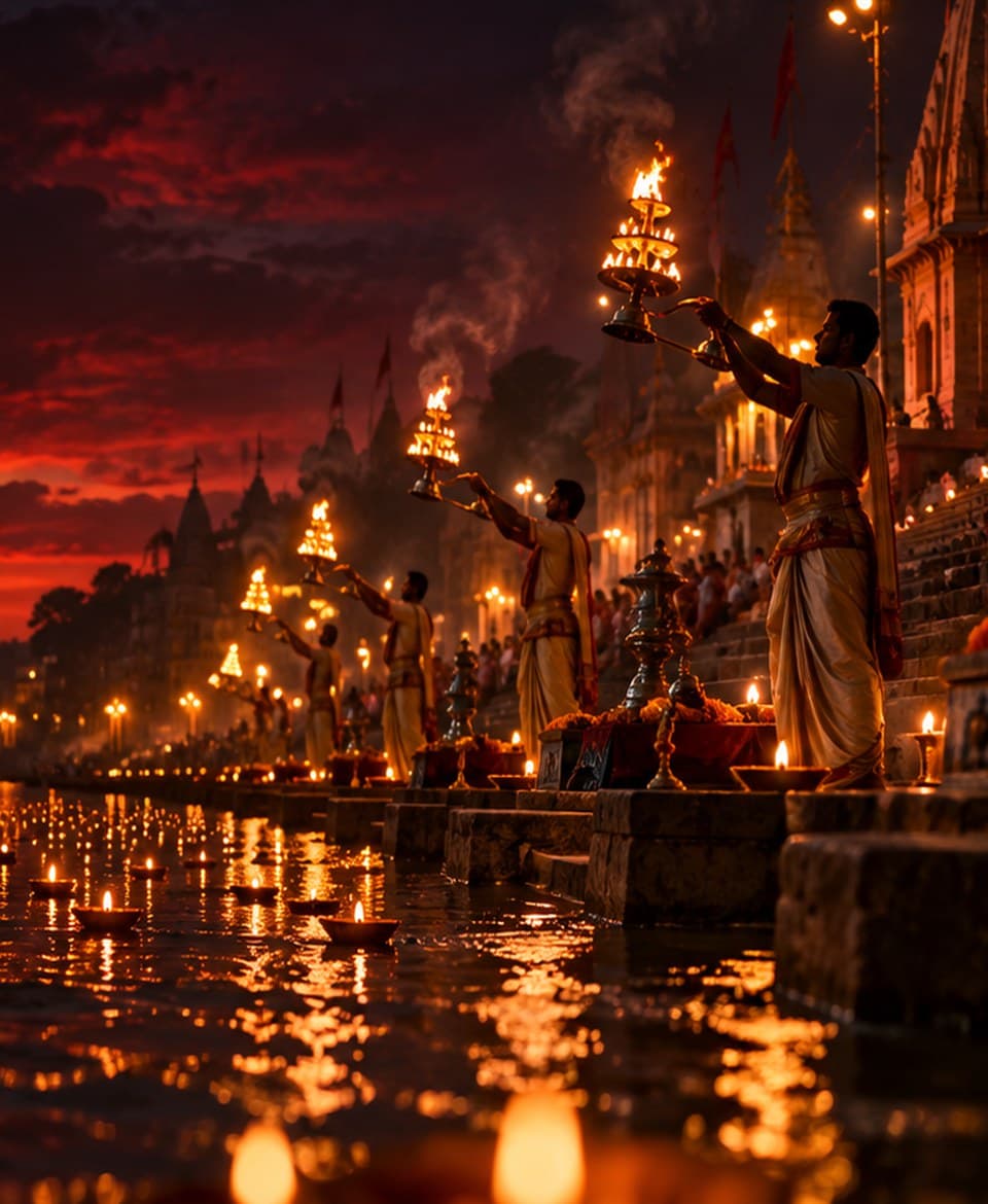 Evening Ganga Aarti with floating diyas and temple lights along the ghats of Kashi