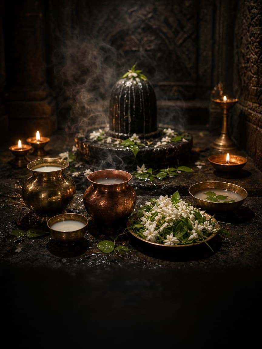 Shiva lingam with abhishek vessels, white flowers, bilva leaves, and oil lamps for Rudrabhishek in a temple sanctum